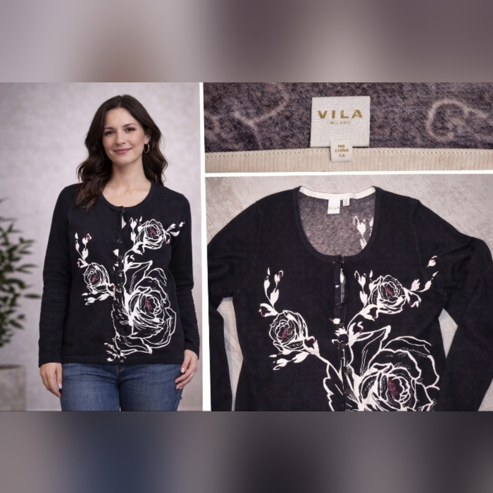 VILA Black Floral Button-Up Sweater with White and Burgundy Accents